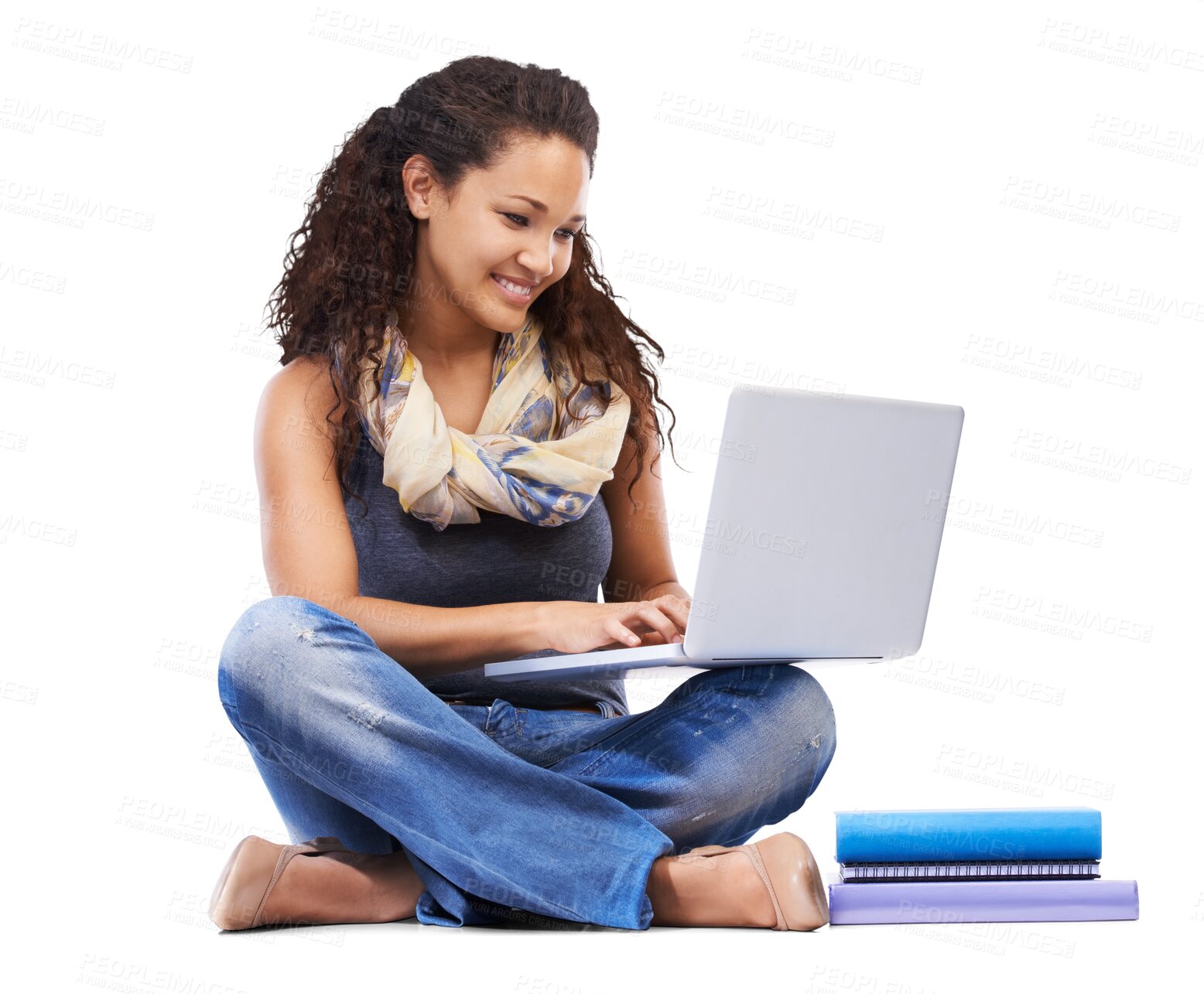 Buy stock photo Computer, education and woman or student isolated on transparent, png background with books and online learning. University student or biracial person on floor with laptop for studying and college