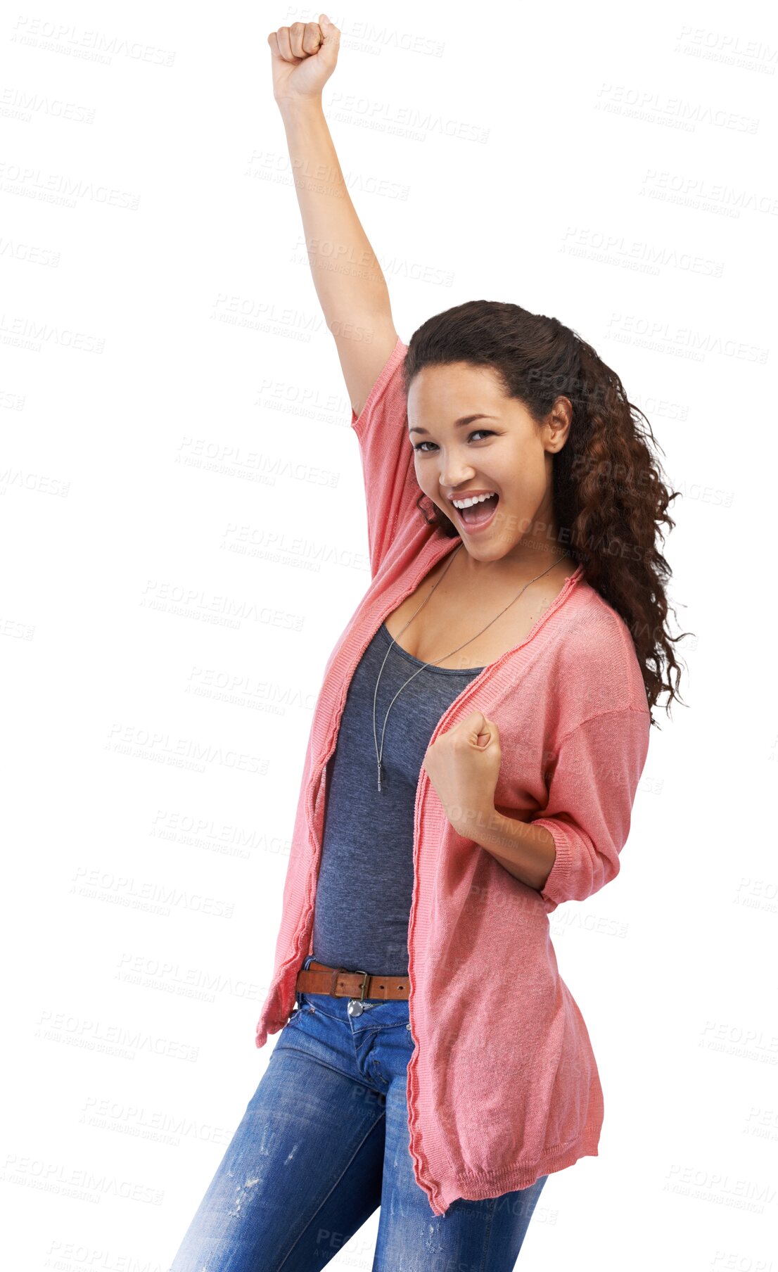 Buy stock photo Success, winner and portrait of a woman in celebration for a victory, achievement or good news. Winning, happy and female model fist pump to celebrate a goal isolated by a transparent png background.