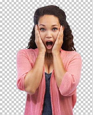 Buy stock photo Woman, wow and hands on face for mind blown surprise on isolated, transparent or png background. Portrait, wtf and girl with open mouth, emoji and surprised, what or shocked by drama, news or gossip