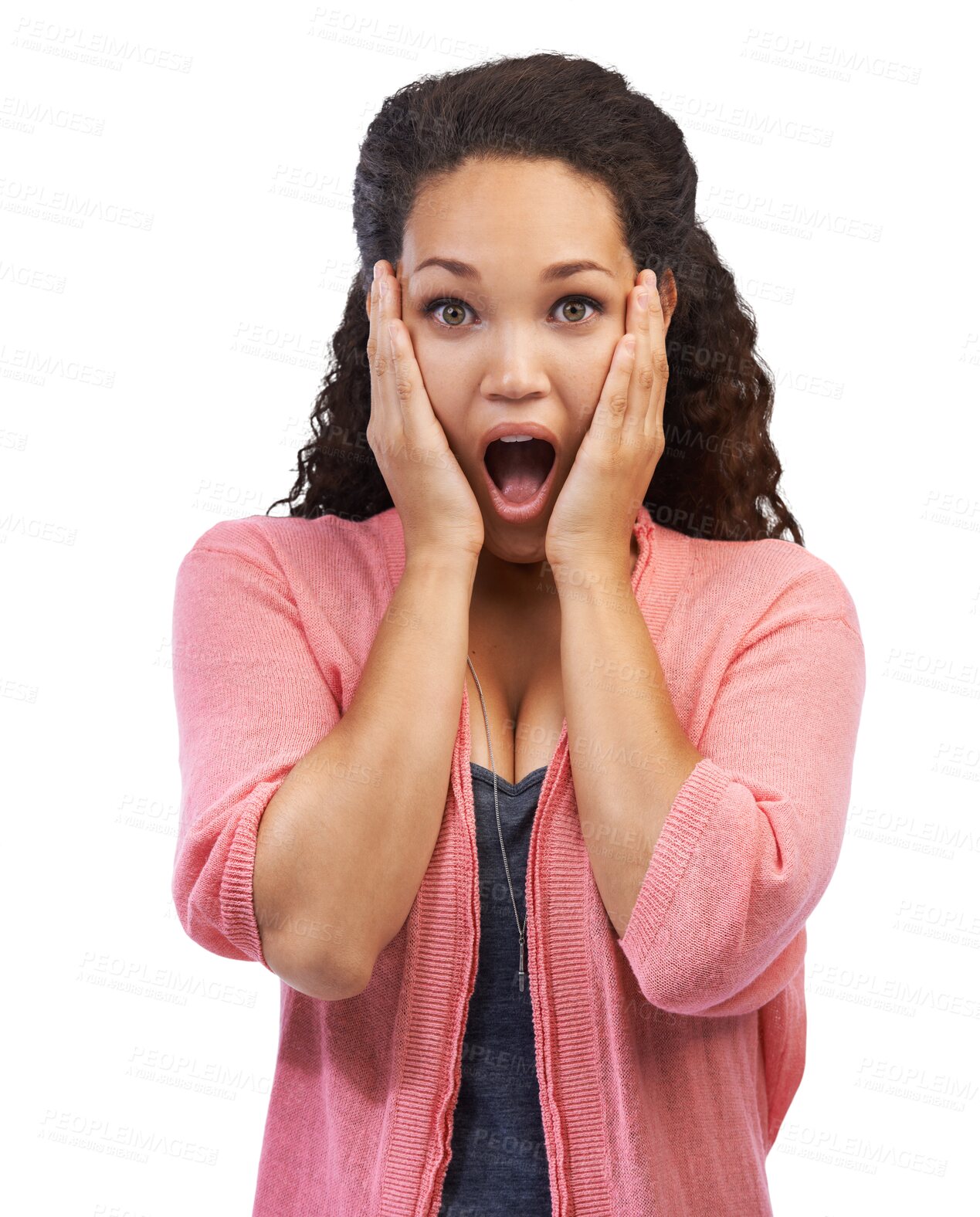 Buy stock photo Woman, wow and hands on face for mind blown surprise on isolated, transparent or png background. Portrait, wtf and girl with open mouth, emoji and surprised, what or shocked by drama, news or gossip