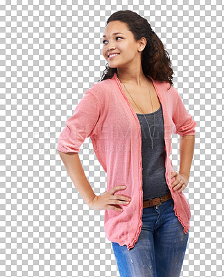 Buy stock photo Fashion, stylish and happy woman with casual, cool and trendy fashionable outfit isolated on a transparent PNG background. Beauty, smile and female mode with smile in happiness for style or clothes