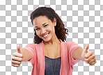 Success, face portrait and thumbs up of woman in studio isolated on a png background. Hands gesture, like emoji and happy female model with sign for motivation, support or approval, thank you or agreement.