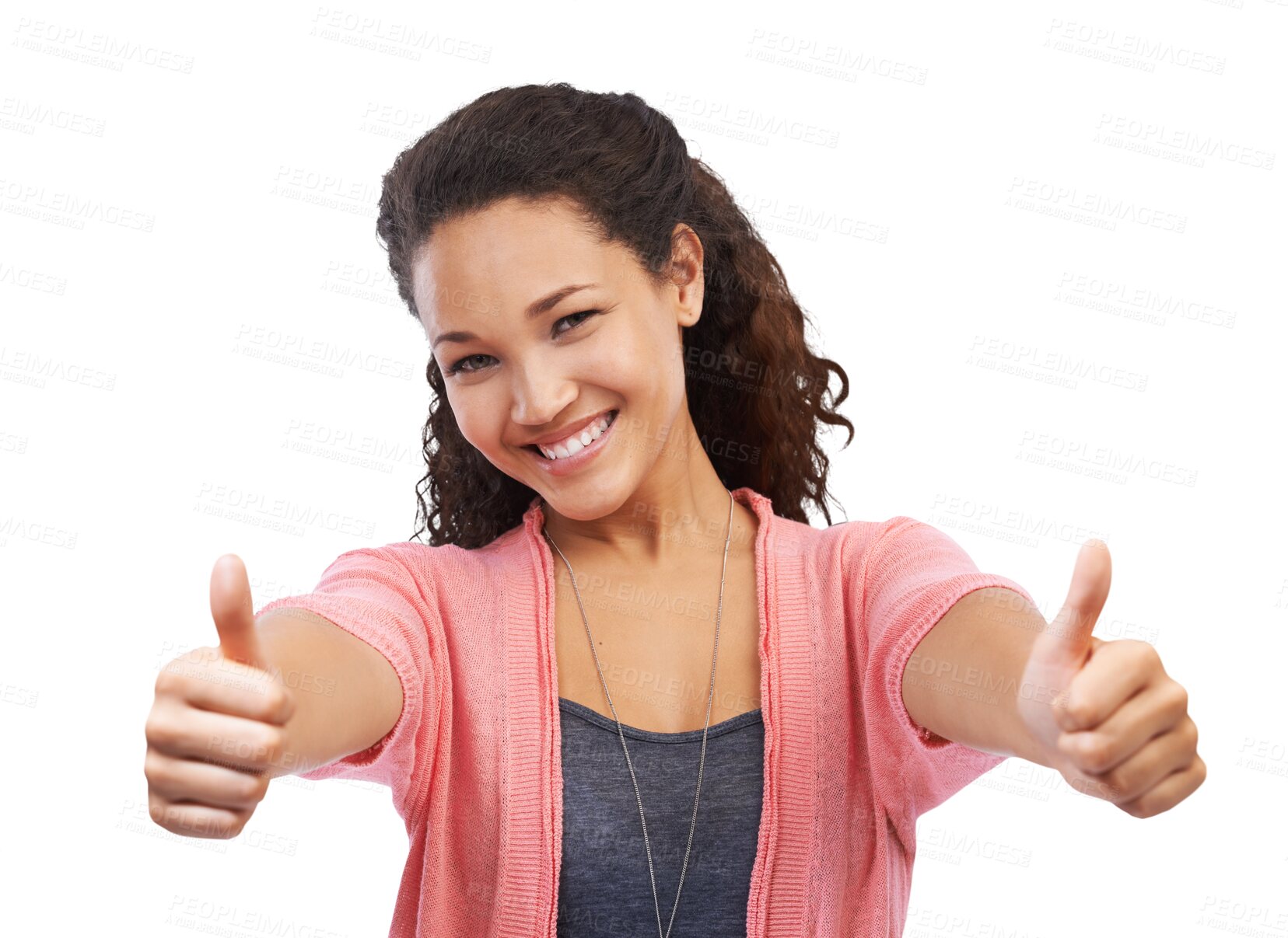 Buy stock photo Thumbs up, agreement and hands, portrait of happy woman isolated on transparent, png background. Yes hand gesture, winner vote and model with smile, positive winning attitude and feedback on good job