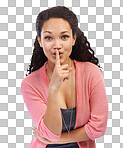 Black woman, secret and quiet finger portrait for privacy communication, whisper and silent hands gesture. African girl, hand on lips and hush symbol, emoji or casual confidential sign in studio isolated on a png background