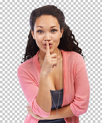 Buy stock photo Black woman, secret and quiet finger portrait for privacy communication, whisper and silent hands gesture. African girl, hand on lips and hush symbol, emoji isolated on a transparent PNG background