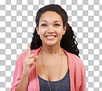 A Beauty, and woman pointing finger for advertising, marketing and copy space in studio. Smile, branding and beautiful girl with hand gesture for announcement, sale and product deal isolated on a png background