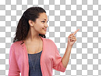 Mockup, pointing and advertising with a black woman for marketing blank space. Idea, product and brand with an attractive female showing copyspace with a point isolated on a png background