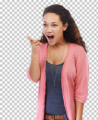 Excited, pointing and black woman surprise, shocked or happy girl isolated on a png background. African American female, lady and point with achievement, marketing or advertising with discount