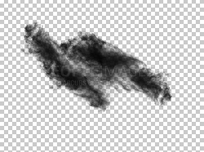 Buy stock photo Black smoke cloud, fog or smokey flare and realistic steam or gas, mist explosion with a powder spray and a design element texture isolated on a transparent and png background