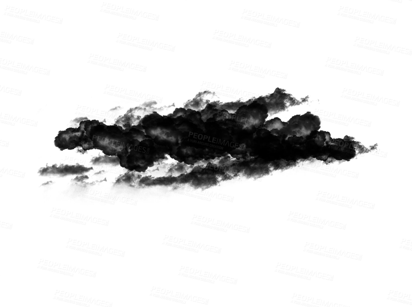 Buy stock photo Black smoke, cloud or fog on transparent background of smokey flare, realistic steam gas, mist explosion with a particle powder spray design element or texture isolated of png format image