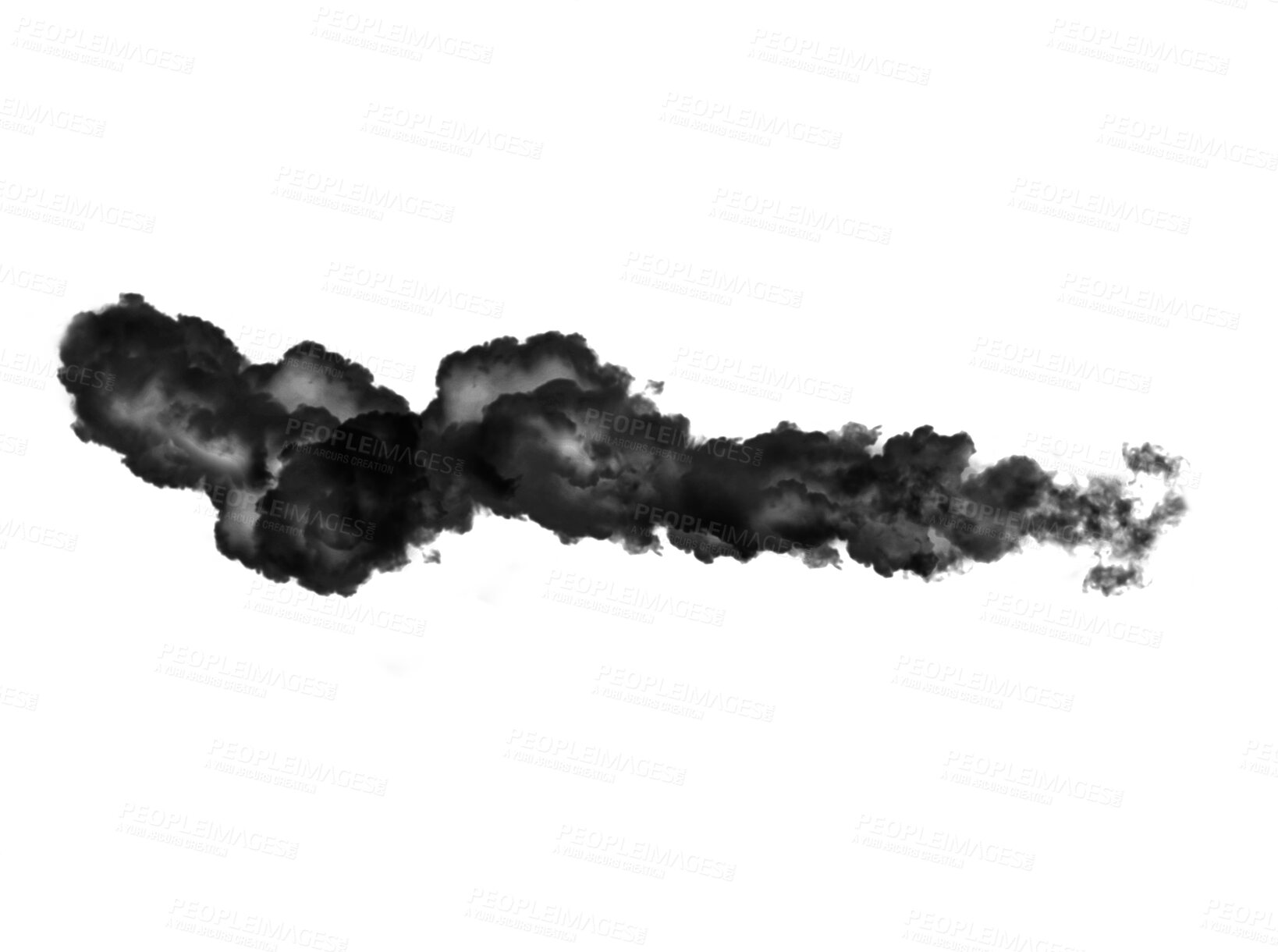 Buy stock photo Black smoke cloud, fog or ink flare and vapor of steam or gas, mist explosion with a powder air spray. Rorschach test, abstract design element and textures isolated on a transparent png background