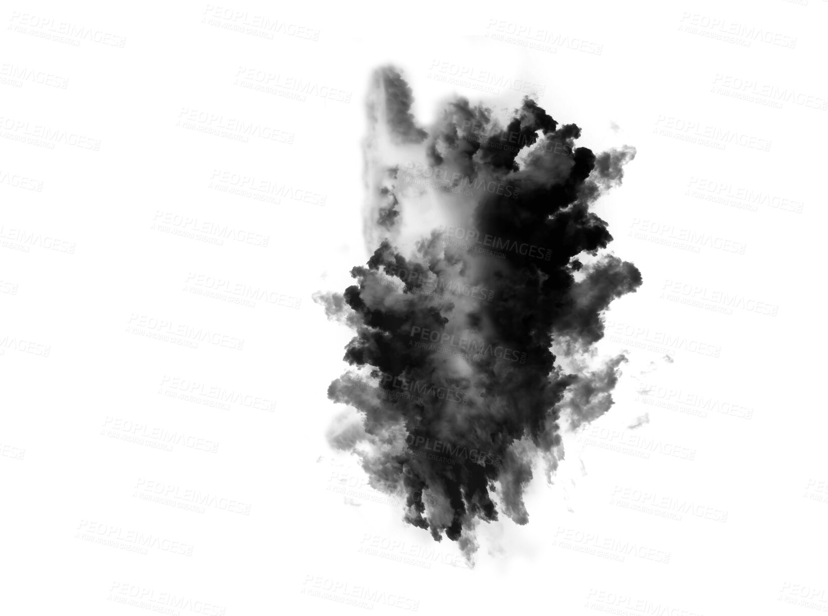 Buy stock photo Black smoke cloud, fog or smokey flare and realistic steam or gas, mist explosion with a powder spray and a design element texture isolated on a transparent and png background