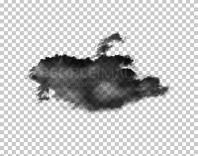 Buy stock photo Black smoke cloud, fog or smokey flare and realistic steam or gas, mist explosion with a powder spray and a design element texture isolated on a transparent and png background