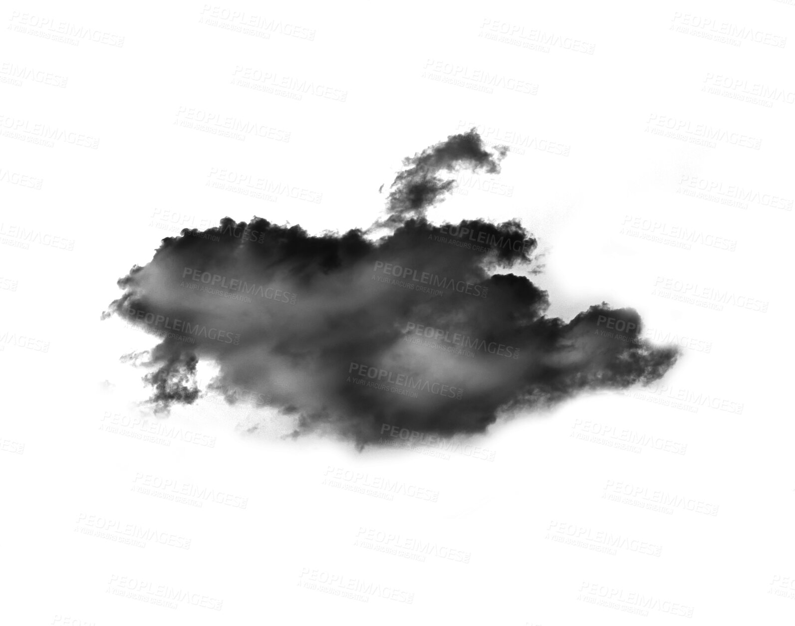 Buy stock photo Black smoke cloud, fog or smokey flare and realistic steam or gas, mist explosion with a powder spray and a design element texture isolated on a transparent and png background