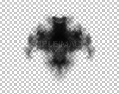 Buy stock photo Black smoke, dark cloud or vape fog flare with vapor of steam, gas or bomb explosion in rorschach test. Abstract art design element or cloudy dust pollution isolated on transparent png background