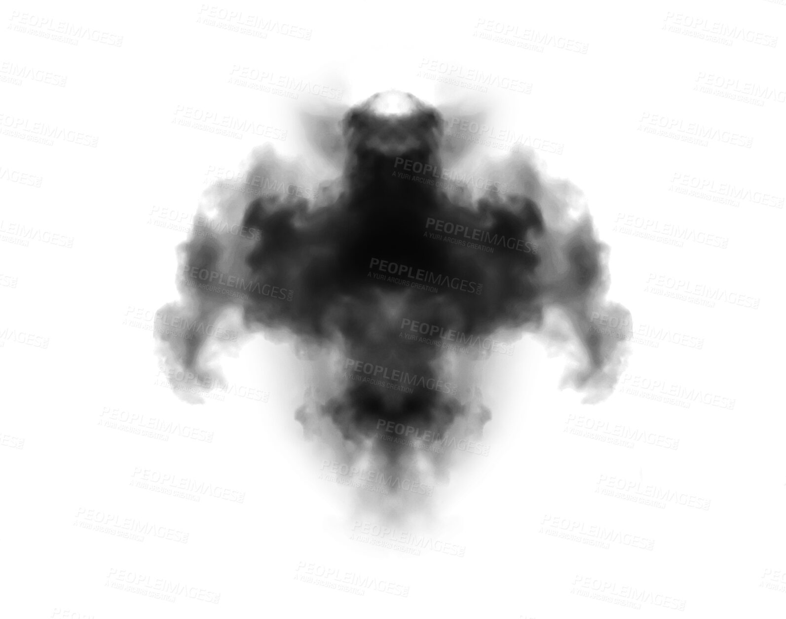 Buy stock photo Black smoke, dark cloud or vape fog flare with vapor of steam, gas or bomb explosion in rorschach test. Abstract art design element or cloudy dust pollution isolated on transparent png background