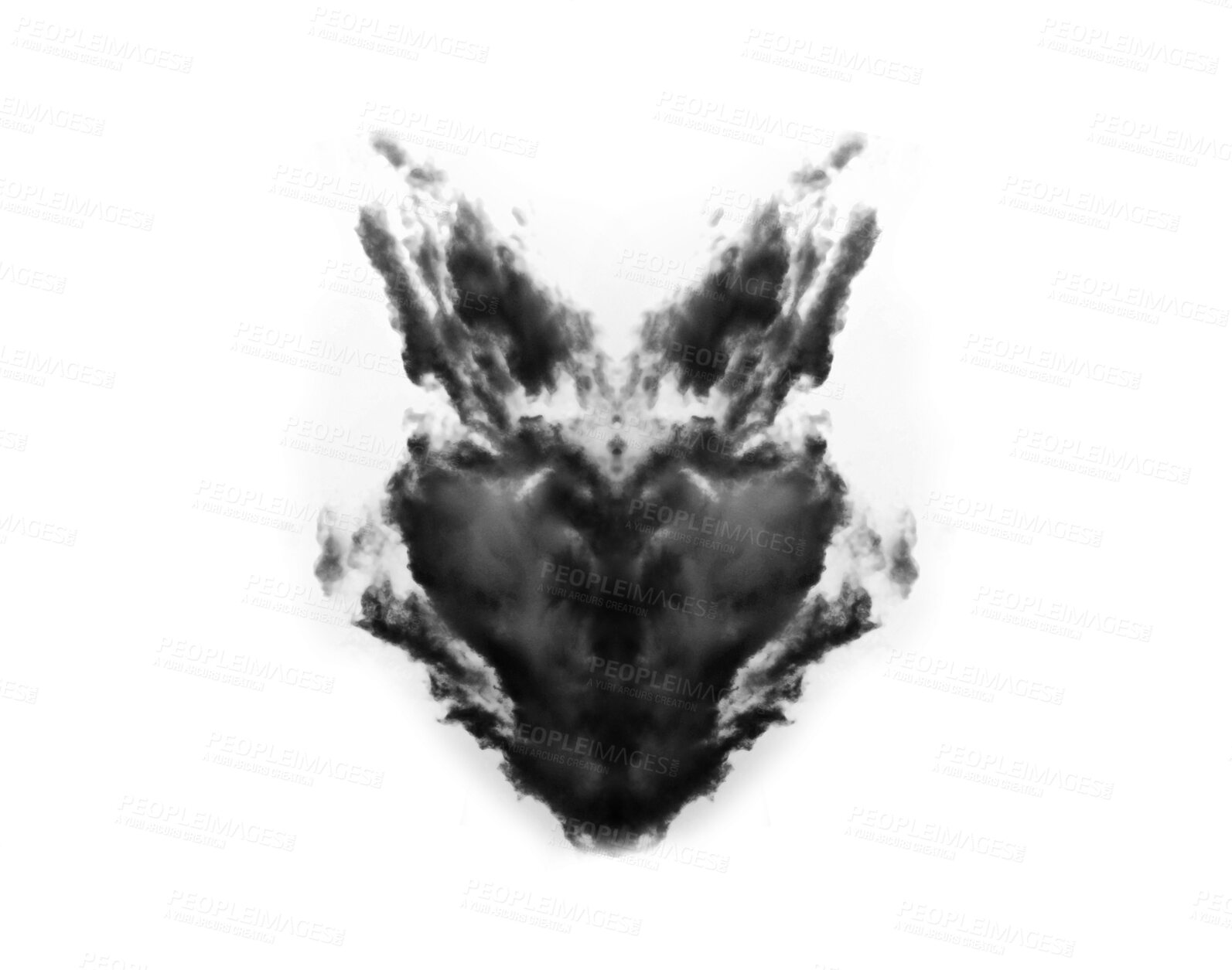 Buy stock photo Black smoke cloud, fog or smokey flare and steam or gas, mist explosion with a powder spray. Rorschach test, design element and texture isolated on a transparent background