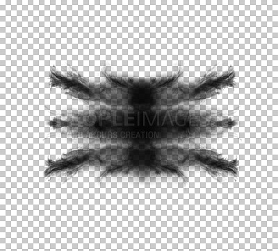 Buy stock photo Black smoke, inkblot and Rorschach test isolated on png or transparent background, psychology or smokey cloud. Mental health, mist or fog, powder spray and abstract of steam and psychiatric evaluation