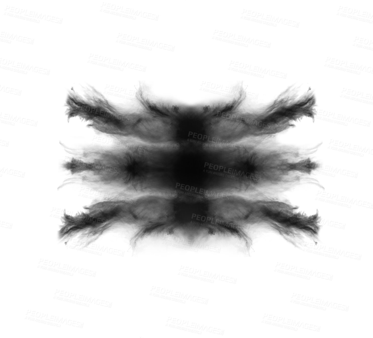 Buy stock photo Black smoke, inkblot and Rorschach test isolated on png or transparent background, psychology or smokey cloud. Mental health, mist or fog, powder spray and abstract of steam and psychiatric evaluation