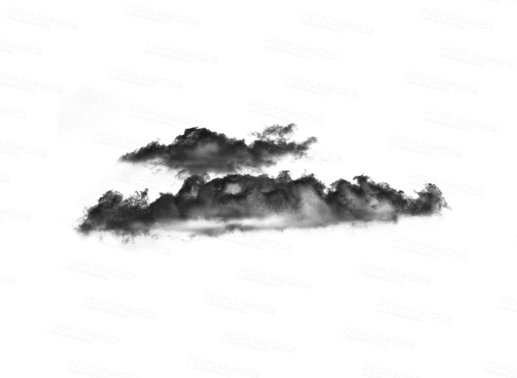 Buy stock photo Black smoke, clouds or fog of graphic, smokey flare or realistic steam of gas, mist explosion with a powder spray. Design element texture dark cloud isolated on a transparent png background