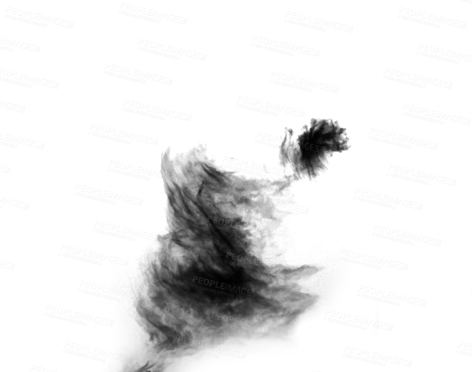 Buy stock photo Black smoke, fog or or cloud alpha channel or png of smokey flare and realistic. Dark mist, toxic chemical and gas or pollution design element texture as art isolated on transparent background