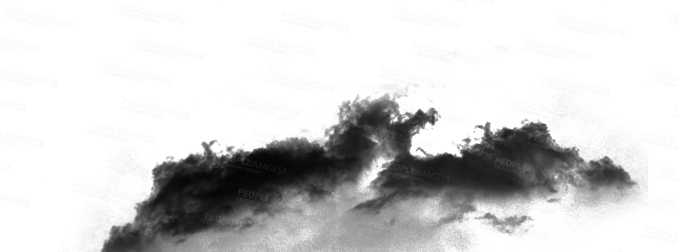Buy stock photo Dark smoke, black clouds and isolated on transparent background of abstract art, mist or fog design. Creative powder, air pollution danger or fire in wind with texture, pattern and png graphic