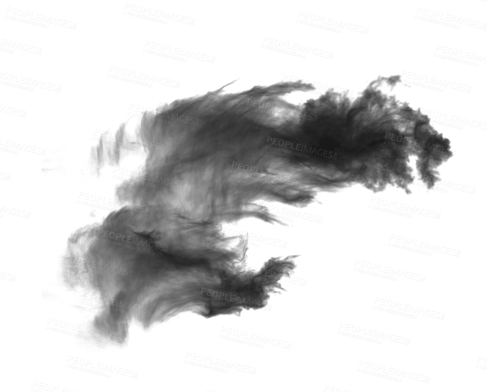 Buy stock photo Black smoke, dark fog and isolated on transparent background of abstract art, mist or clouds design. Creative powder, air pollution or dust in wind with texture, pattern and png