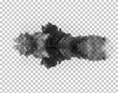 Buy stock photo Png, black smoke and cloud fog or smokey flare and realistic steam or gas, mist explosion with a powder spray. Rorschach test, design element or texture isolated on a transparent background