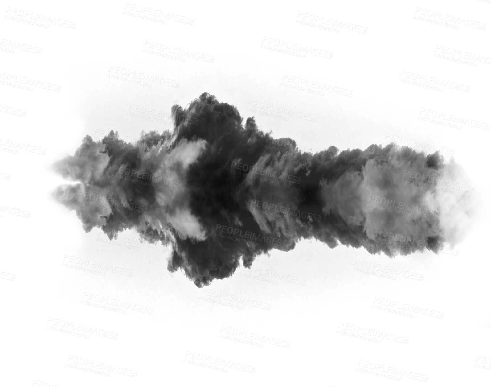 Buy stock photo Png, black smoke and cloud fog or smokey flare and realistic steam or gas, mist explosion with a powder spray. Rorschach test, design element or texture isolated on a transparent background