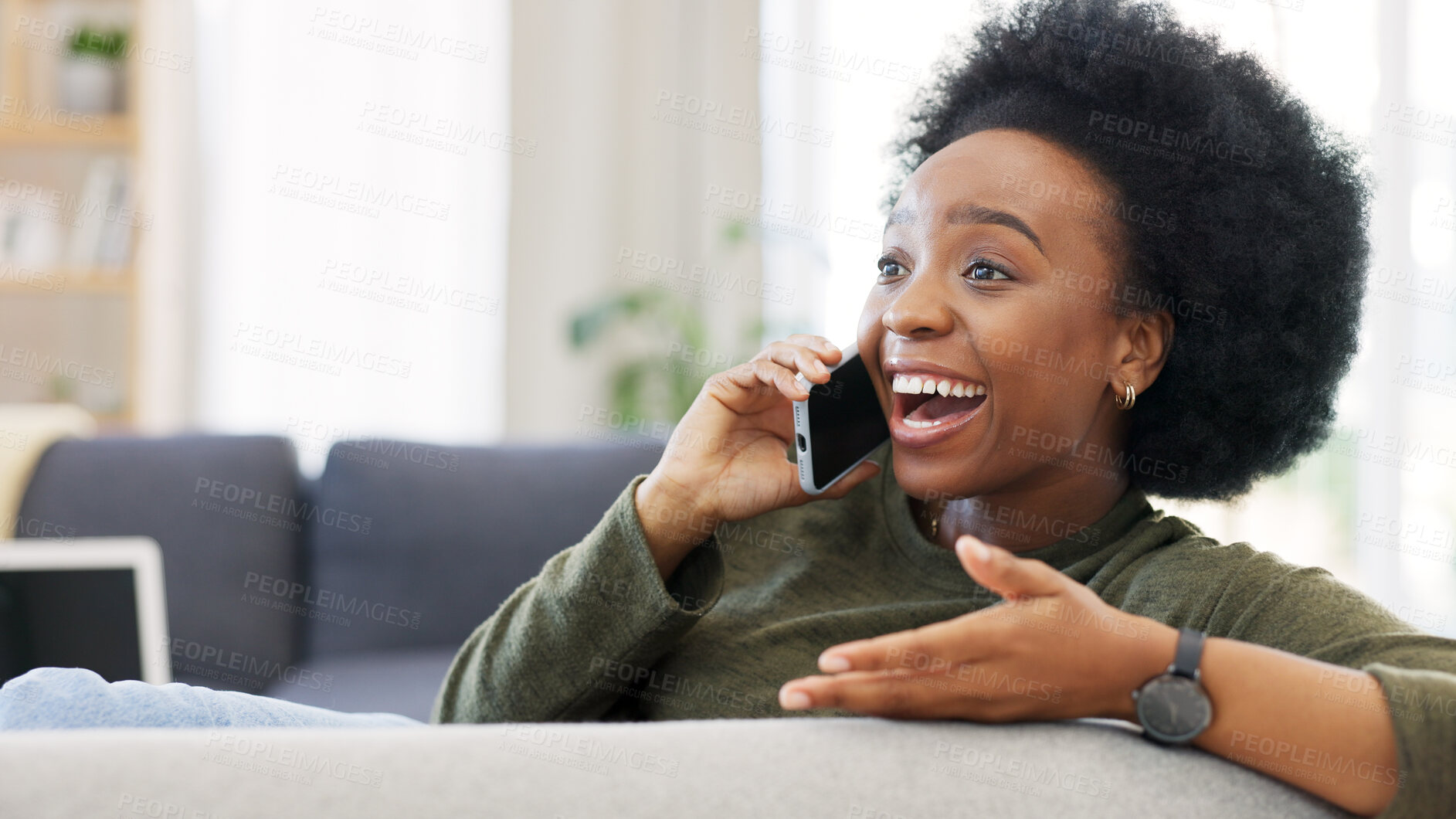 Buy stock photo Black woman, phone call and happy conversation in home for news, mobile contact and communication on sofa. Smartphone, hello and excited discussion for social networking, chat and surprise of gossip 