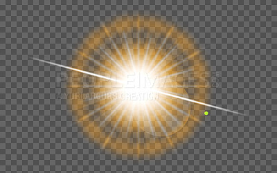 PNG, lens flare and explosion on a transparent background to simulate the sun, a star or light. Digital, special effects and cgi with a spotlight or sparkle illustration for graphic design