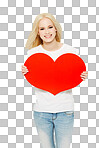 A cheerful young Australian girl holding a red heart shaped cardboard sign as a gesture of self-love, peace, and affection isolated on a png background.