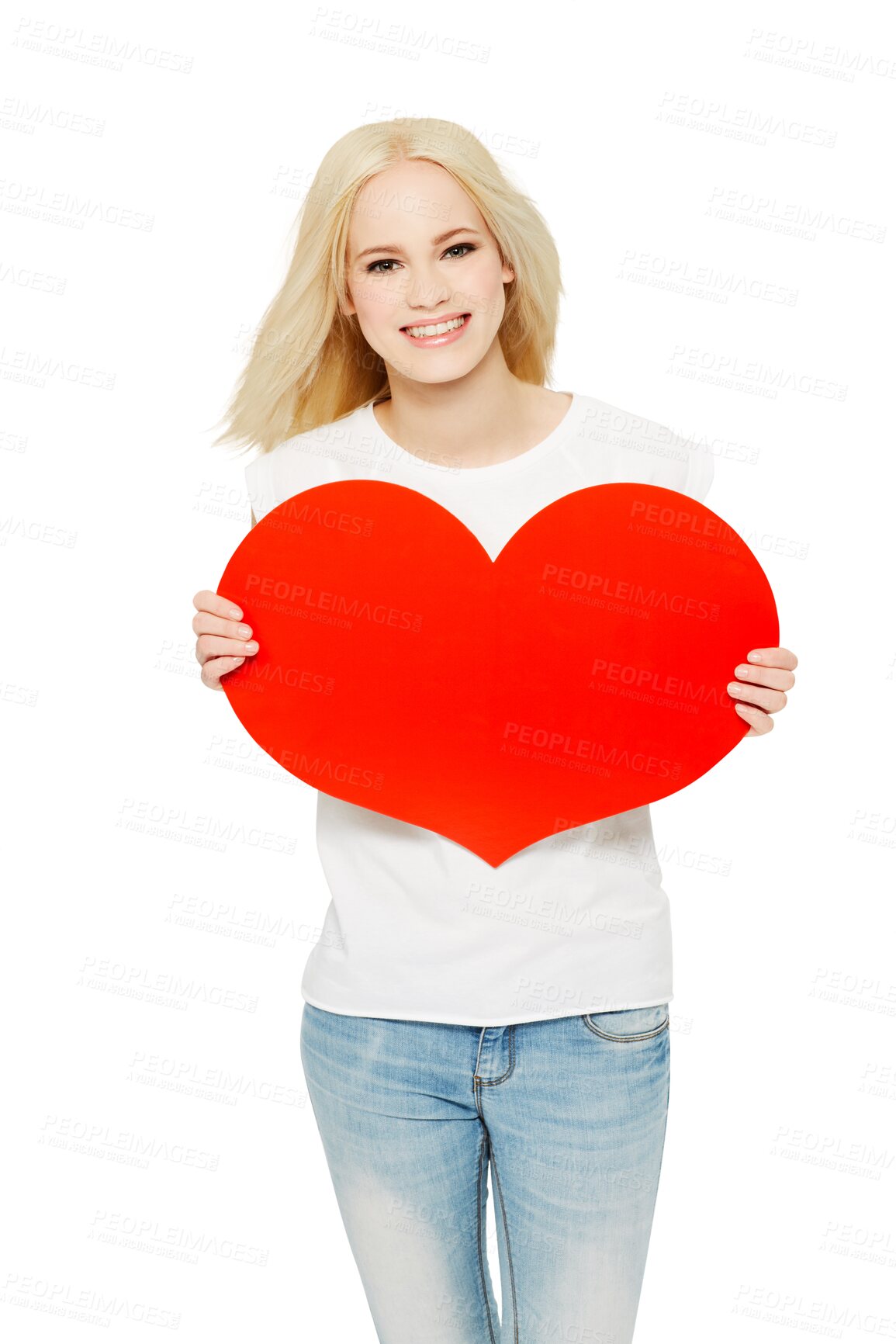 Buy stock photo Love, heart and portrait of woman holding a shape as a symbol of care isolated in a transparent png background. Smile, happy and female person showing cardboard sign for support or peace