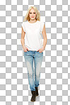 A confident young beauty model with a feminine or elegant looking blonde girl using cosmetics on a natural smiling face isolated on a png background.