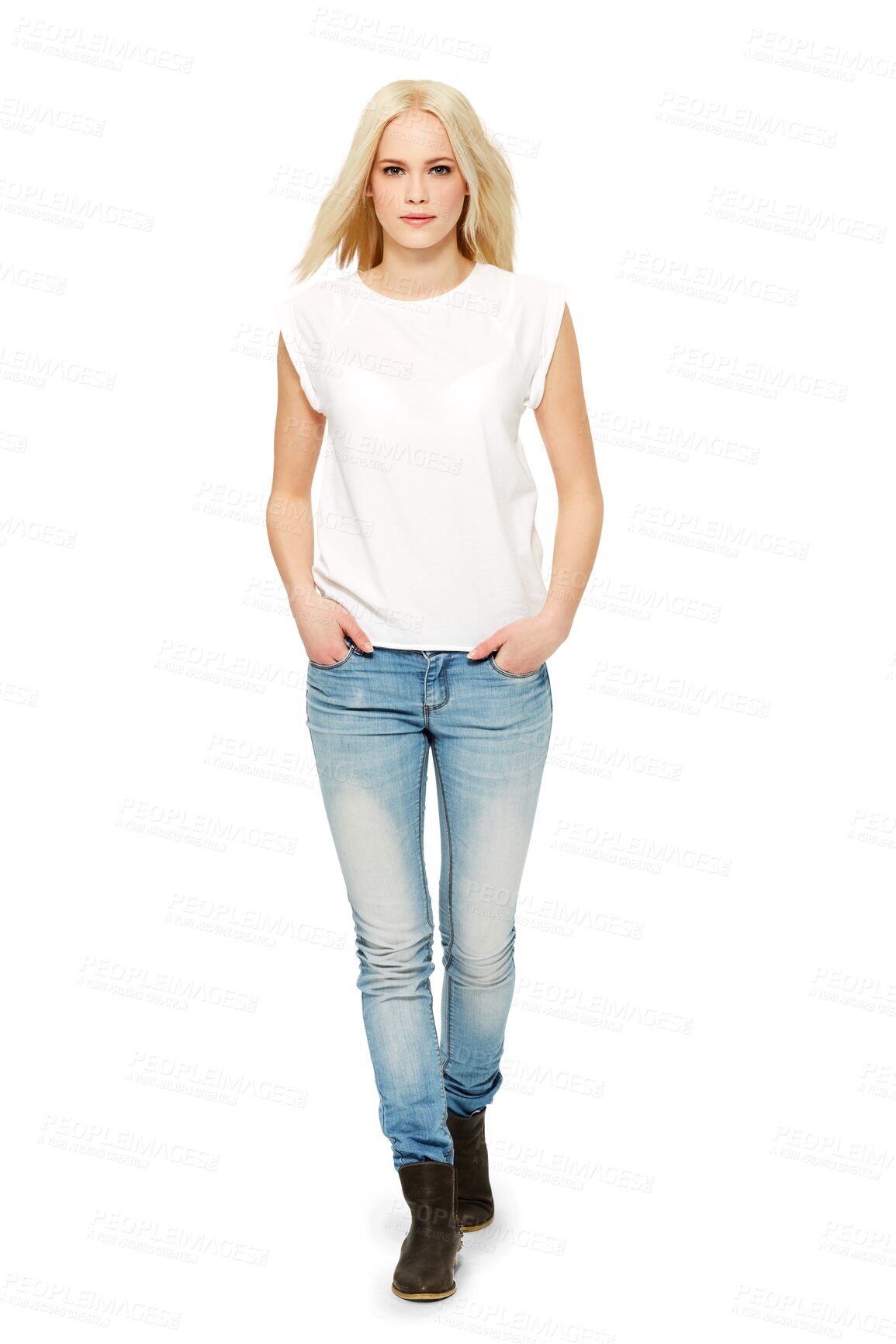 Buy stock photo Fashion, jeans and casual portrait of woman walking  isolated on transparent png background with beautiful style. Professional blonde model with confidence, beauty and trendy designer denim clothes.