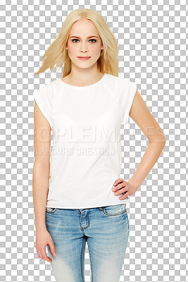 Buy stock photo Portrait of woman, casual fashion and blonde hair with denim jeans isolated on transparent, png background. Style, smile and beautiful runway model or brand ambassador in tshirt for designer clothes 