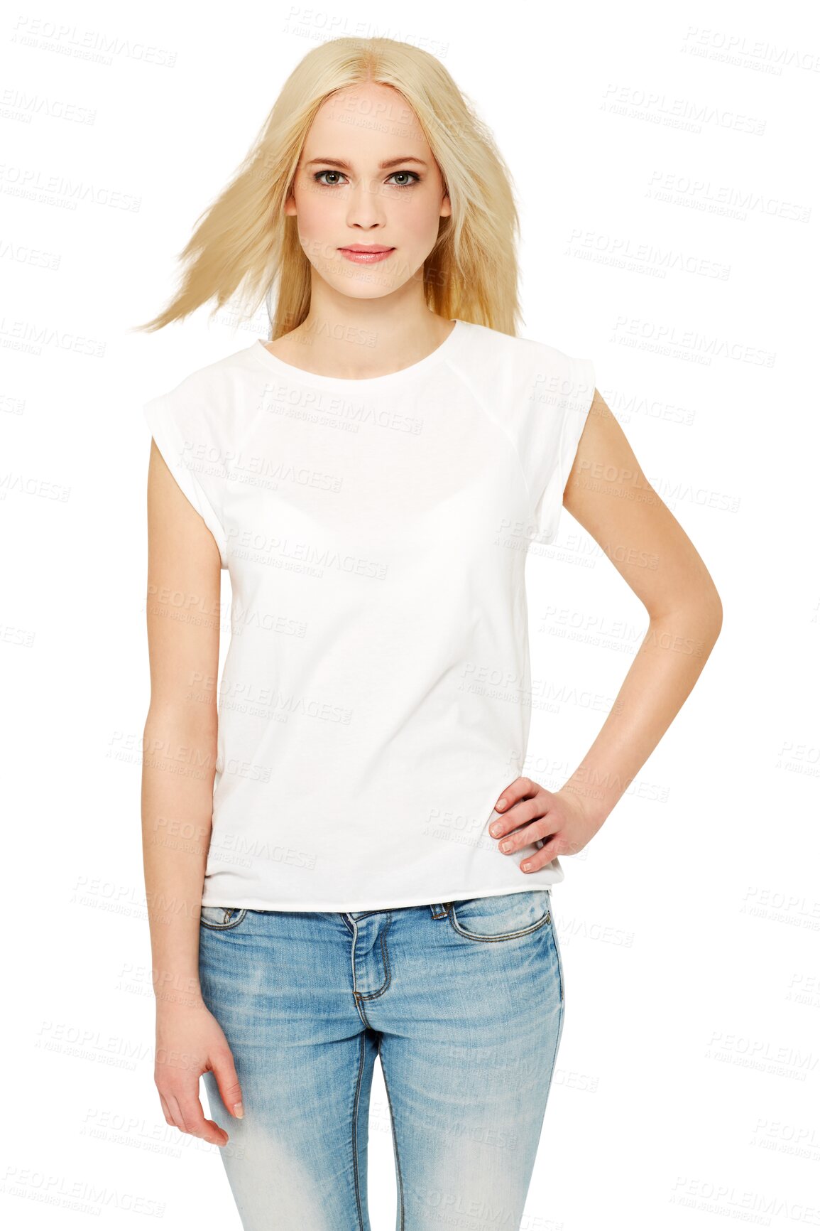 Buy stock photo Portrait of woman, casual fashion and blonde hair with denim jeans isolated on transparent, png background. Style, smile and beautiful runway model or brand ambassador in tshirt for designer clothes 