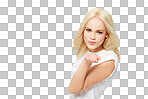 A beautiful young casual model with blonde hair posing as a blond woman blowing a kiss with love or flirting gesture isolated on a png background.