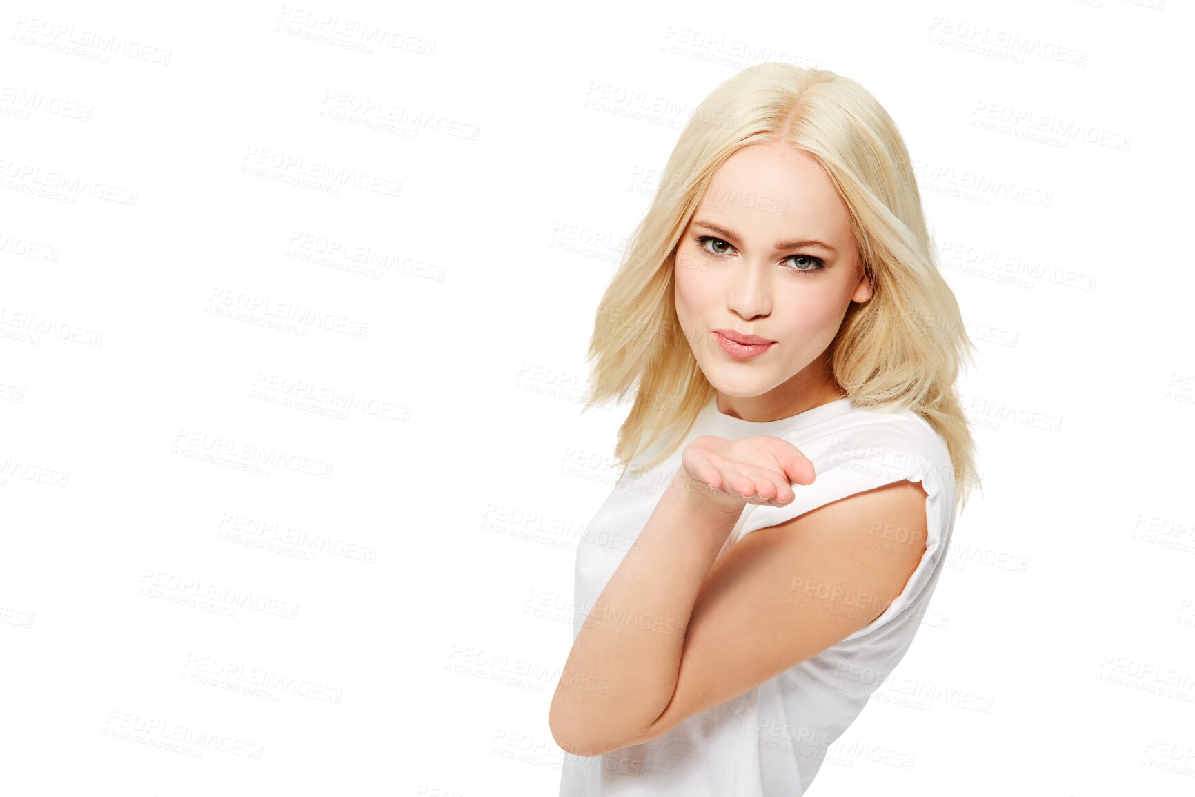 Buy stock photo Portrait, blowing kiss and face of woman with romantic gesture for Valentines Day date, love and support care. Beauty, romance and flirting female model isolated on a transparent, png background