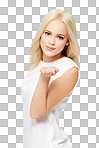 An attractive young beautiful blonde female woman blowing a kiss with love or flirting gesture at a camera isolated on a png background.
