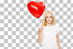 A blonde female Model with a beautiful smile on her face holding a heart balloon for romance, love, and celebrating at a party at a romantic event on a valentines day holiday isolated on a png background.