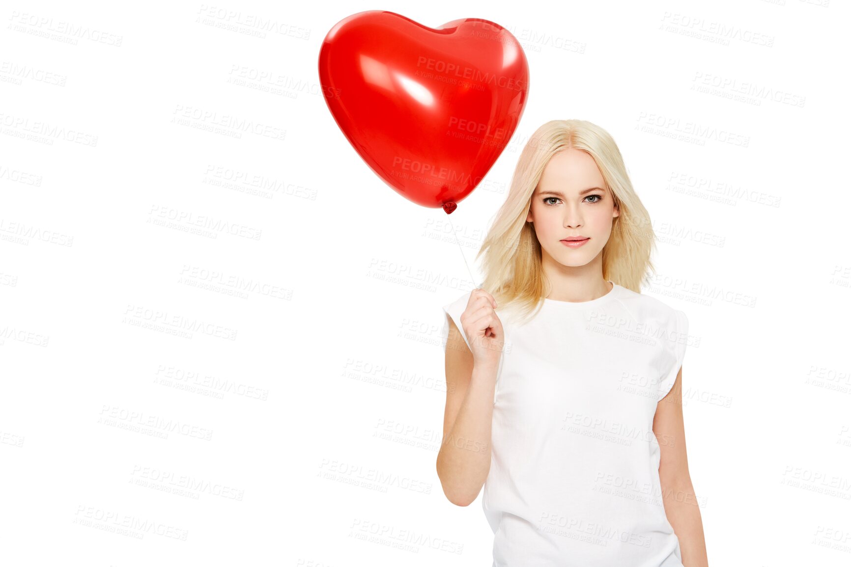 Buy stock photo Love, heart balloon and portrait of woman on isolated, png and transparent background for date. Romance, emoji and face of female person with red balloons for celebration, valentines day and gift