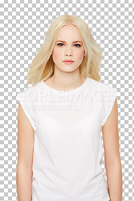 Buy stock photo Portrait of fashion model, casual and blonde hair with tshirt isolated on transparent, png background. Style, serious face and beautiful woman or brand ambassador in makeup for designer clothes promo