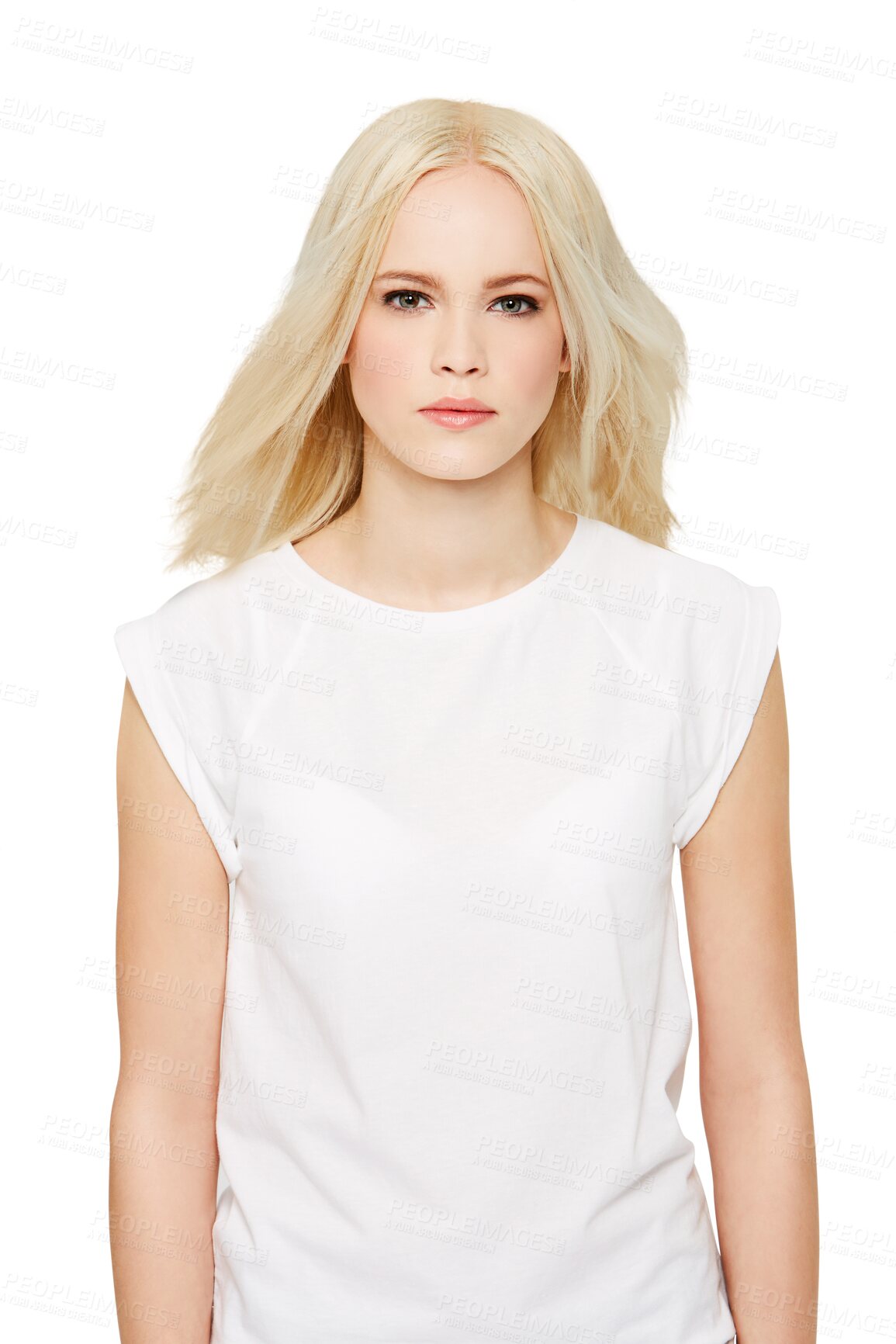 Buy stock photo Portrait of fashion model, casual and blonde hair with tshirt isolated on transparent, png background. Style, serious face and beautiful woman or brand ambassador in makeup for designer clothes promo