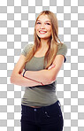 An attractive young female model posing for contemporary style, fashion, and beauty brand posing with arms crossed wearing designer clothing isolated on a png background.