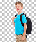 A happy young boy, dressed in a cool and casual outfit for back-to-school, smiles and points to himself while carrying a backpack, ready to start of a new academic year, while isolated on a PNG background.