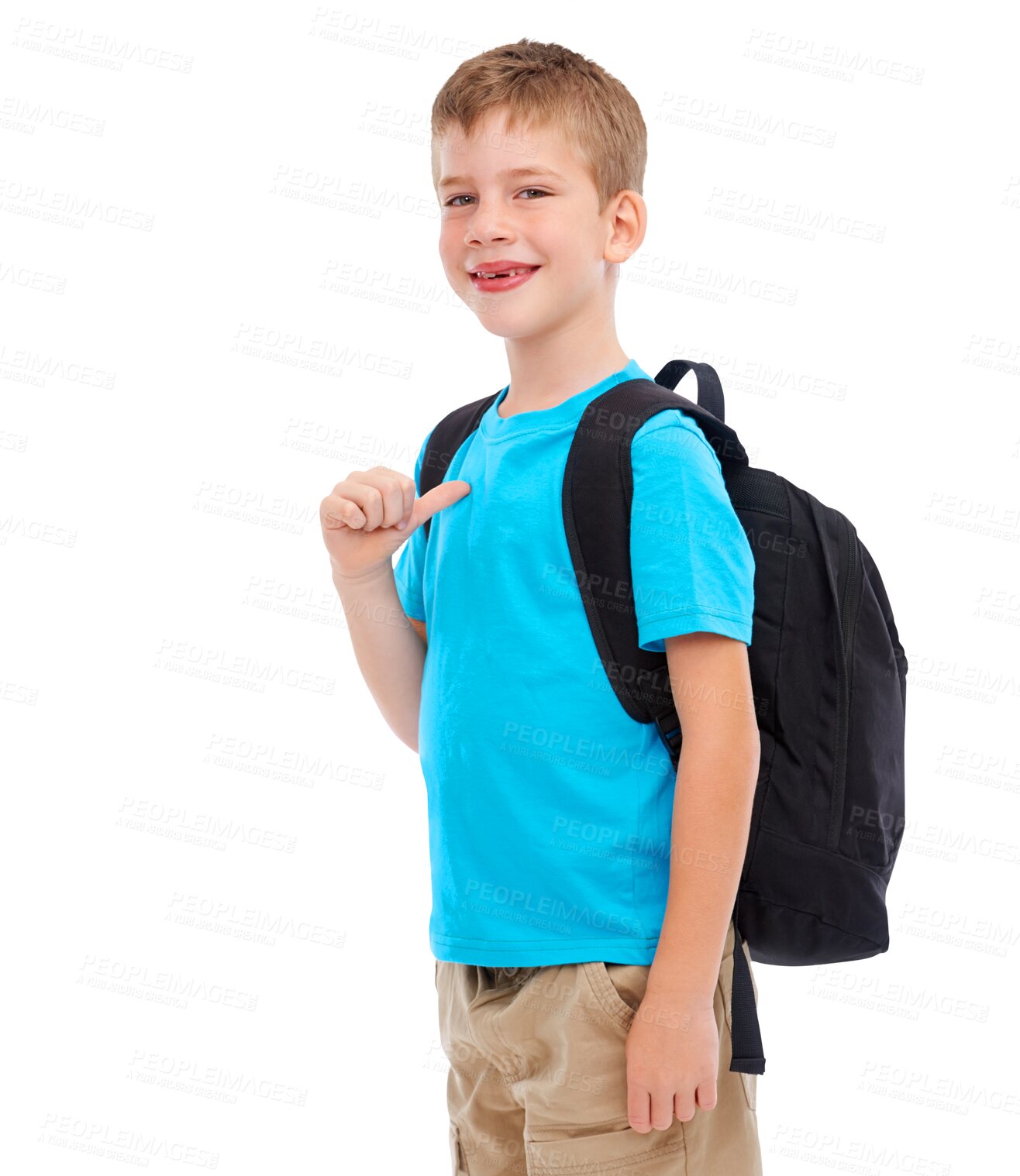 Buy stock photo Happy young boy, cool portrait and casual outfit in back to school, smile and point to himself with backpack. Little child ready to start learning in new year isolated on a transparent PNG background