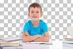 A diligent student sits at his desk, eager to learn and study as he pursues his education, while isolated on a PNG background.