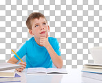 A diligent schoolboy strives to recall and apply the lessons taught by his teacher at the school, while completing his assignments isolated on a PNG background.