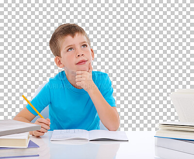 Buy stock photo Education, thinking and notebook with boy on png for learning, knowledge or study. Homework, school and assessment with young student and idea isolated on transparent background for child development